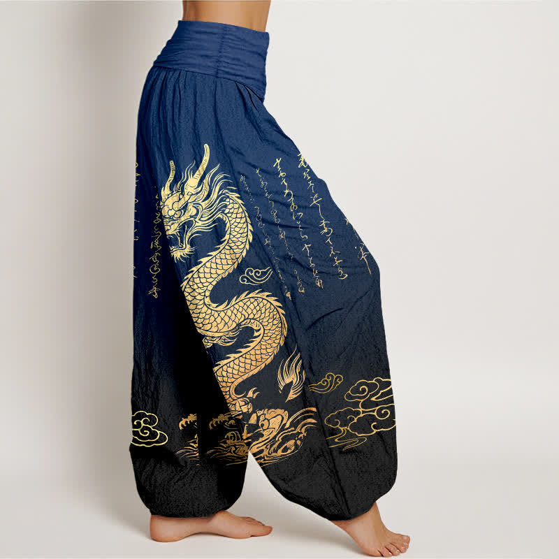 Buddha Stones Pantalon harem à taille élastique pour femme, en coton, motif nuage de dragon doré - image 1
