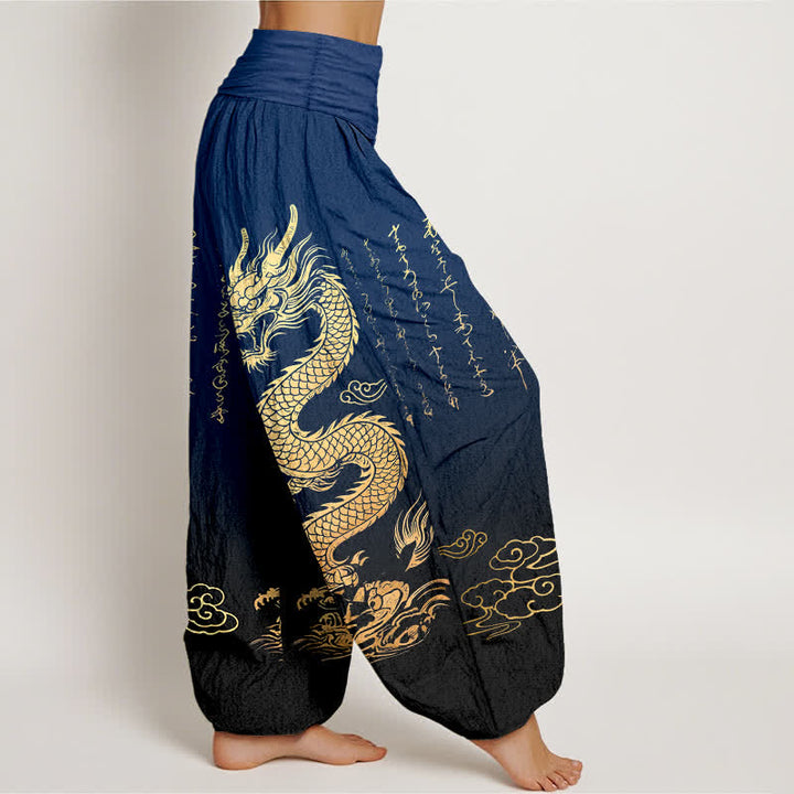 Buddha Stones Pantalon harem à taille élastique pour femme, en coton, motif nuage de dragon doré - image 1