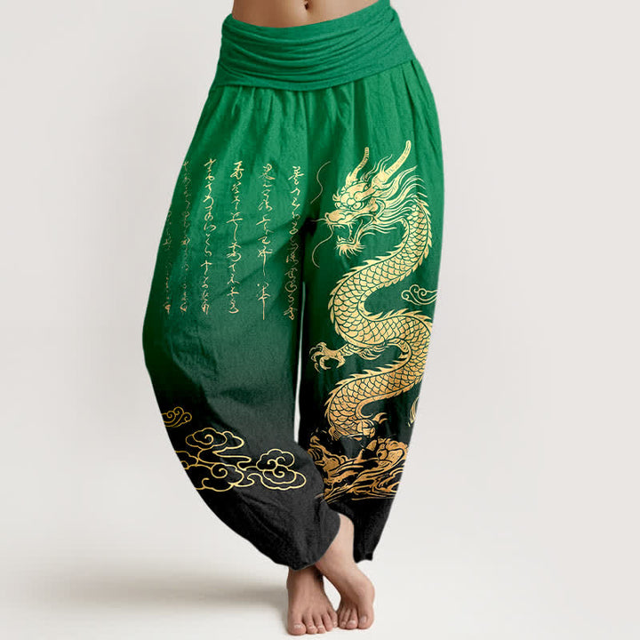 Buddha Stones Pantalon harem à taille élastique pour femme, en coton, motif nuage de dragon doré - Vert - US16，UK/AU20，EU48 (3XL) - image 5