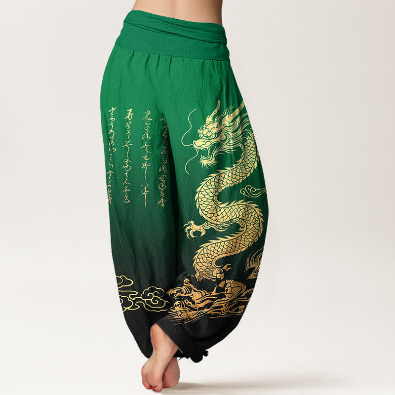 Buddha Stones Pantalon harem à taille élastique pour femme, en coton, motif nuage de dragon doré - image 7