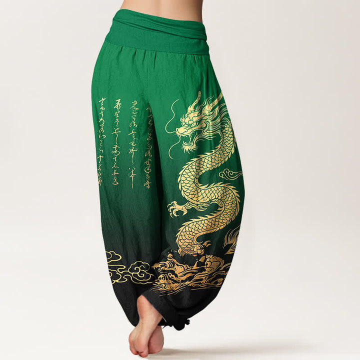 Buddha Stones Pantalon harem à taille élastique pour femme, en coton, motif nuage de dragon doré - image 7
