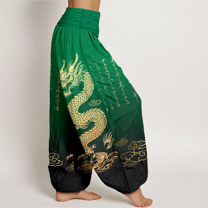 Buddha Stones Pantalon harem à taille élastique pour femme, en coton, motif nuage de dragon doré - image 6