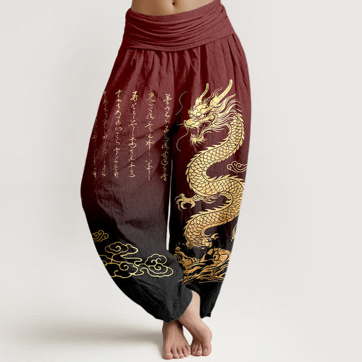 Buddha Stones Pantalon harem à taille élastique pour femme, en coton, motif nuage de dragon doré - Bordeaux - US16，UK/AU20，EU48 (3XL) - image 8