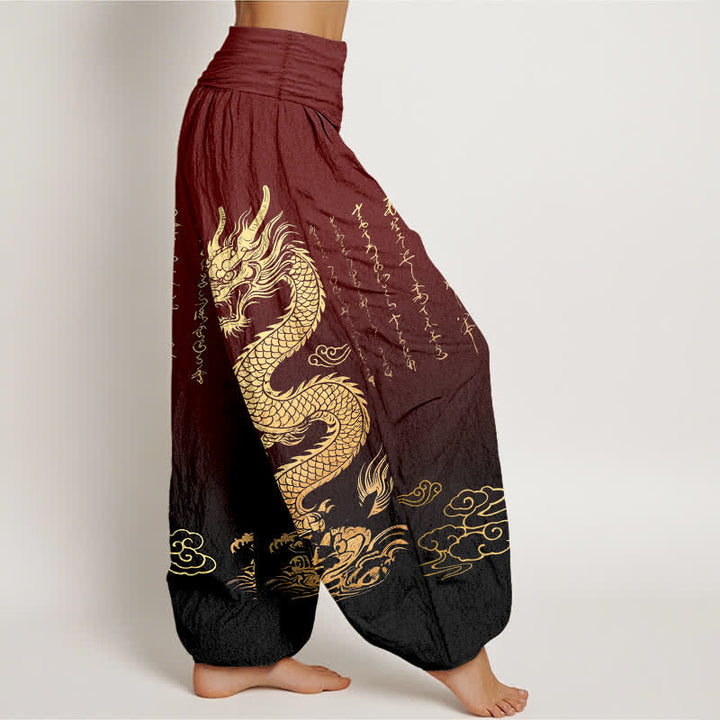Buddha Stones Pantalon harem à taille élastique pour femme, en coton, motif nuage de dragon doré - image 9