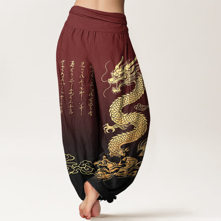 Buddha Stones Pantalon harem à taille élastique pour femme, en coton, motif nuage de dragon doré - image 10