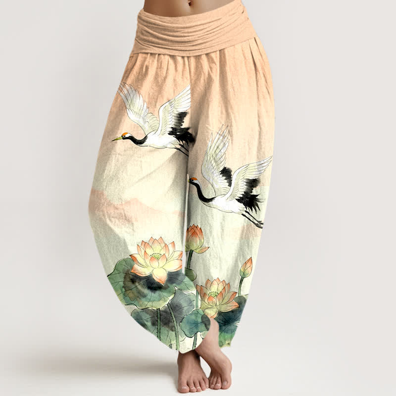 Buddha Stones Pantalon harem à taille élastique pour femme, en coton, motif grue volante et lotus - PeachPuff - US16，UK/AU20，EU48 (3XL) - image 0