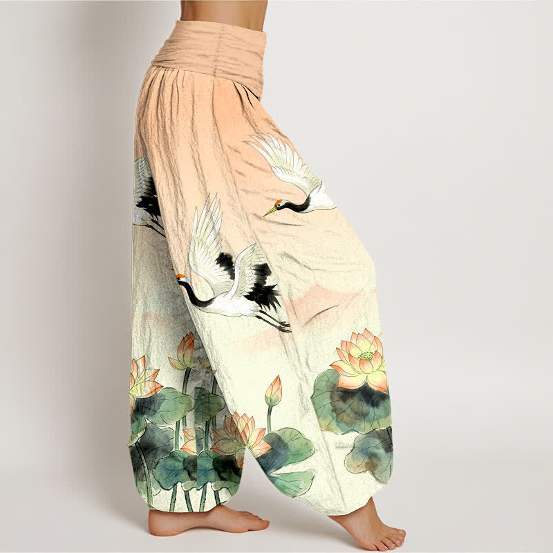 Buddha Stones Pantalon harem à taille élastique pour femme, en coton, motif grue volante et lotus - image 1