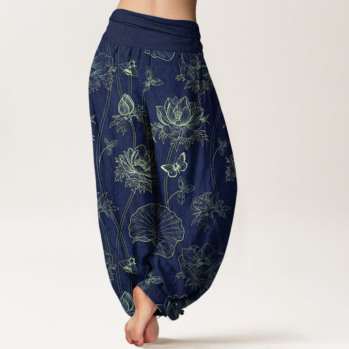 Buddha Stones Pantalon harem à taille élastique pour femme, motif papillon lotus en coton - image 2