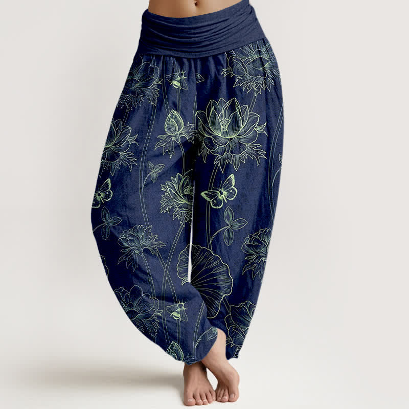 Buddha Stones Pantalon harem à taille élastique pour femme, motif papillon lotus en coton - Marine - US16，UK/AU20，EU48 (3XL) - image 0