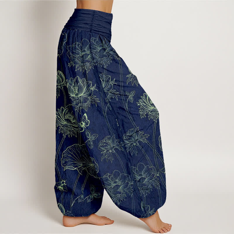 Buddha Stones Pantalon harem à taille élastique pour femme, motif papillon lotus en coton - image 1