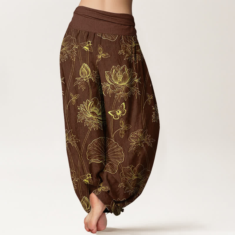 Buddha Stones Pantalon harem à taille élastique pour femme, motif papillon lotus en coton - image 7