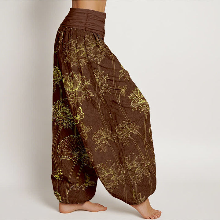 Buddha Stones Pantalon harem à taille élastique pour femme, motif papillon lotus en coton - image 6