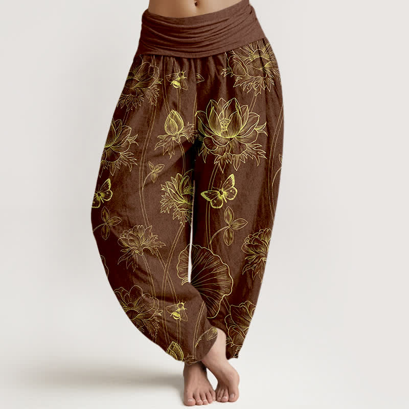 Buddha Stones Pantalon harem à taille élastique pour femme, motif papillon lotus en coton - SaddleBrown - US16，UK/AU20，EU48 (3XL) - image 5