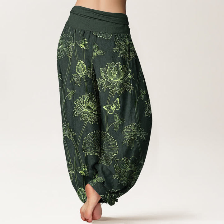 Buddha Stones Pantalon harem à taille élastique pour femme, motif papillon lotus en coton - image 9
