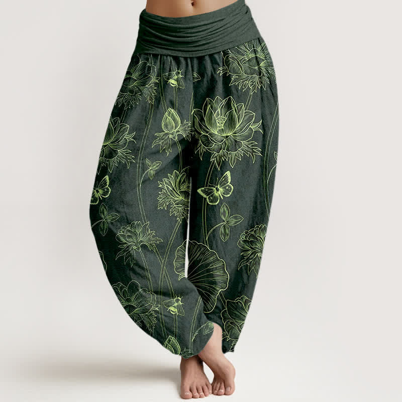 Buddha Stones Pantalon harem à taille élastique pour femme, motif papillon lotus en coton - Vert foncé - US16，UK/AU20，EU48 (3XL) - image 8
