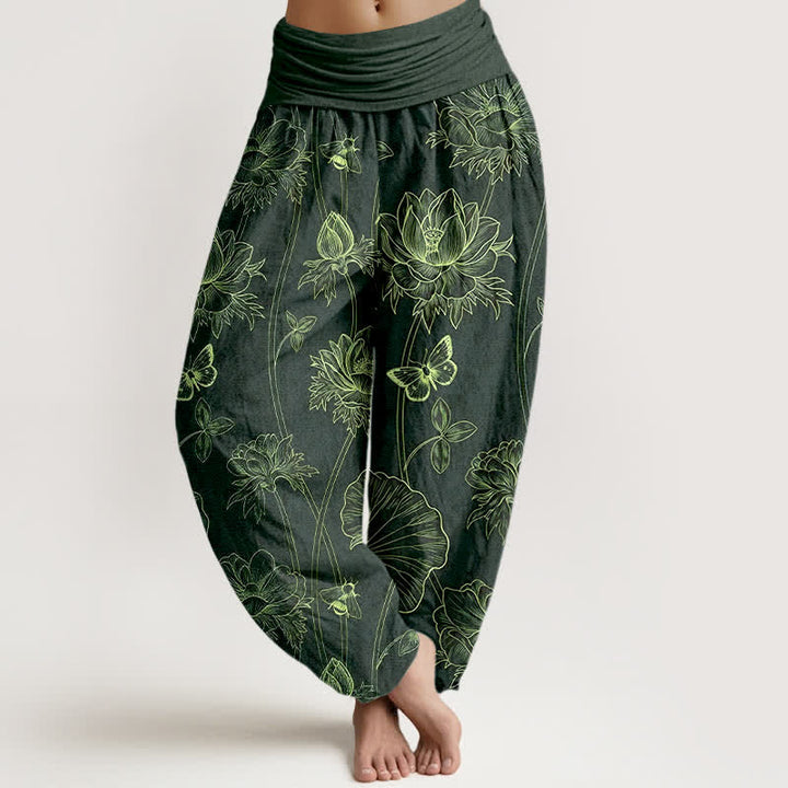 Buddha Stones Pantalon harem à taille élastique pour femme, motif papillon lotus en coton - Vert foncé - US16，UK/AU20，EU48 (3XL) - image 8
