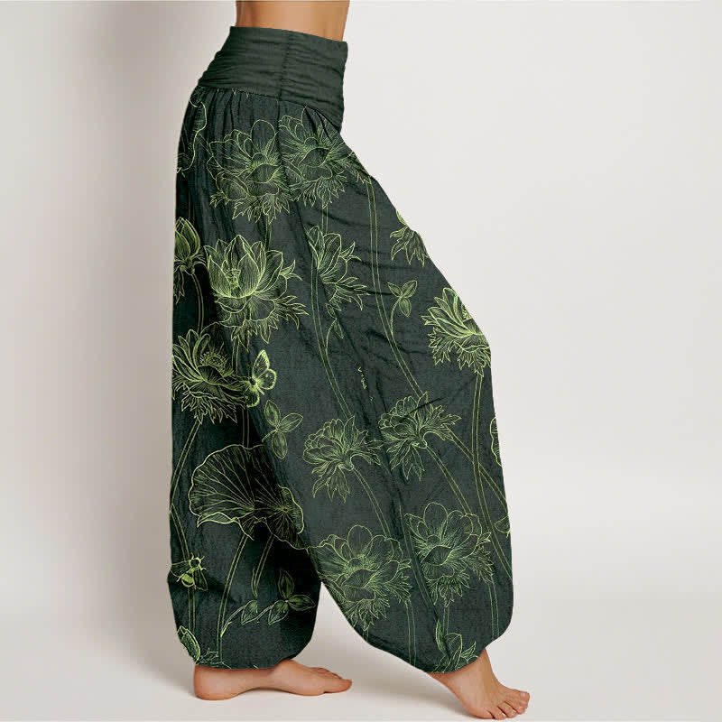 Buddha Stones Pantalon harem à taille élastique pour femme, motif papillon lotus en coton - image 10