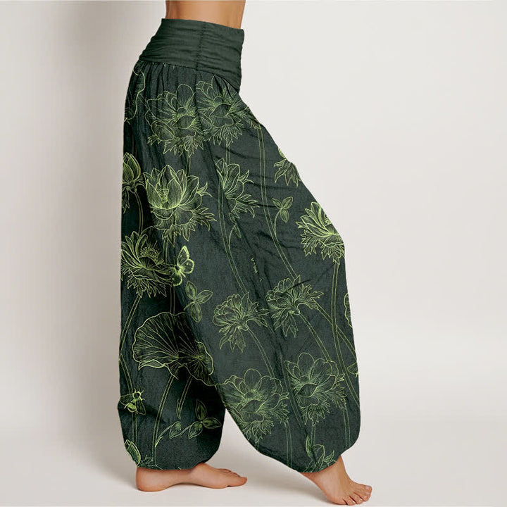 Buddha Stones Pantalon harem à taille élastique pour femme, motif papillon lotus en coton - image 10