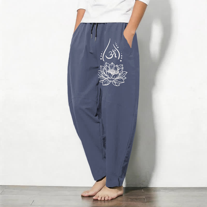 Buddha Stones Pantalon fuselé pour homme en pur coton, motif lotus sacré Om, cordon de serrage et poches - image 1