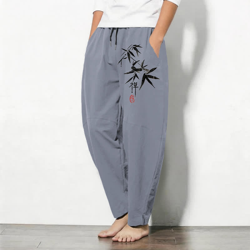 Buddha Stones Pantalon fuselé pour homme en pur coton, motif feuille de bambou zen, cordon de serrage et poches - image 1