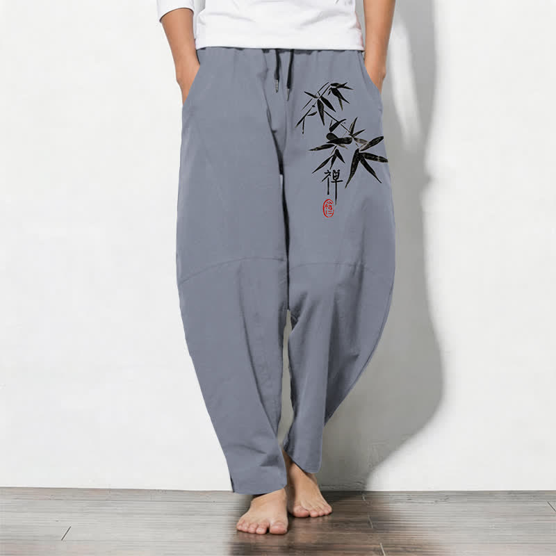 Buddha Stones Pantalon fuselé pour homme en pur coton, motif feuille de bambou zen, cordon de serrage et poches - Gris ardoise - US/UK/AU50，EU60 (5XL) - image 0