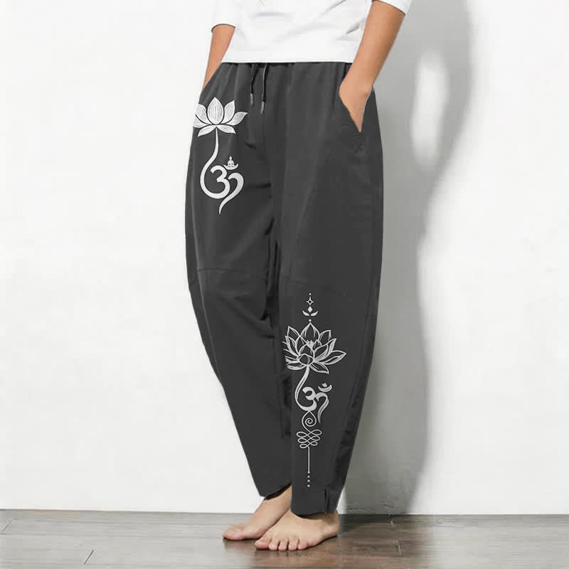 Buddha Stones Pantalon fuselé pour homme en pur coton, motif Zen Om, cordon de serrage et poches - image 1