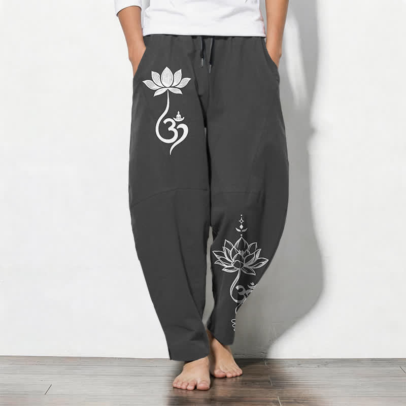 Buddha Stones Pantalon fuselé pour homme en pur coton, motif Zen Om, cordon de serrage et poches - Noir - US/UK/AU50，EU60 (5XL) - image 0