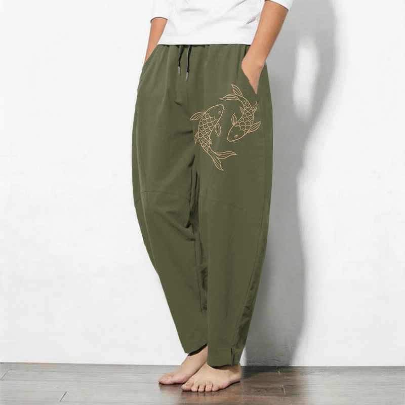 Buddha Stones Pantalon fuselé pour homme en pur coton avec cordon de serrage, motif carpes koï et poches - image 1