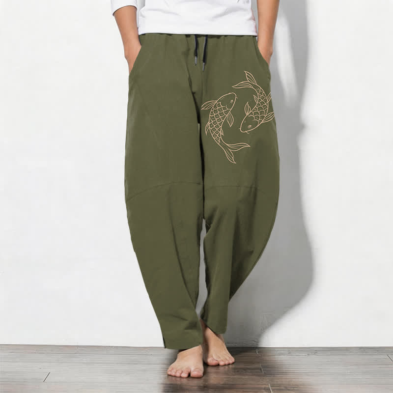 Buddha Stones Pantalon fuselé pour homme en pur coton avec cordon de serrage, motif carpes koï et poches - Olive - US/UK/AU50，EU60 (5XL) - image 0