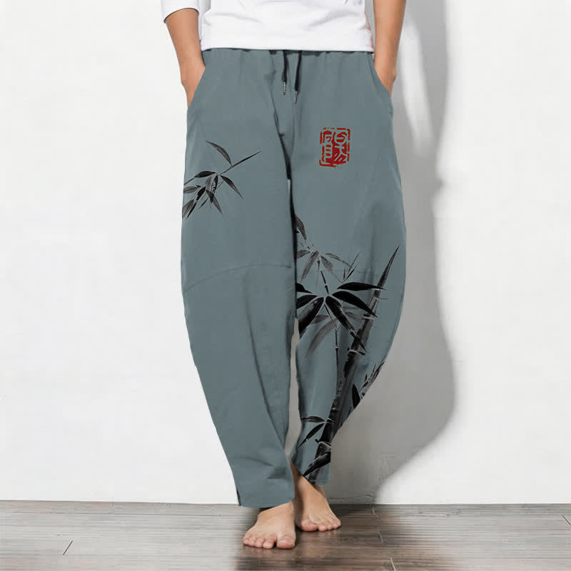 Buddha Stones Pantalon fuselé pour homme en pur coton, motif bambou oriental, cordon de serrage et poches - CadetBlue - US/UK/AU50，EU60 (5XL) - image 0