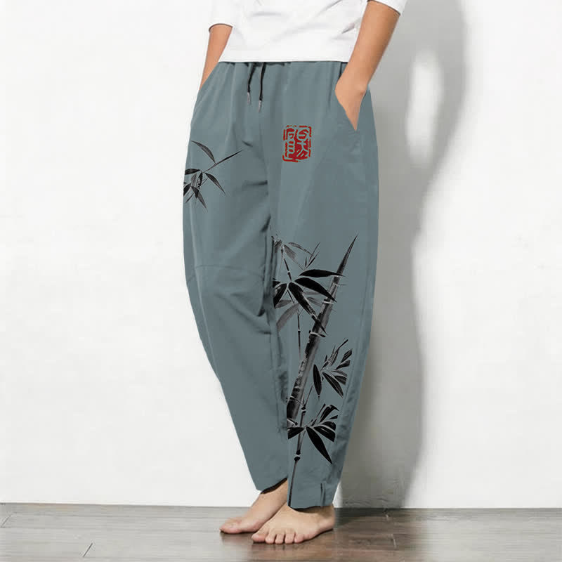 Buddha Stones Pantalon fuselé pour homme en pur coton, motif bambou oriental, cordon de serrage et poches - image 1