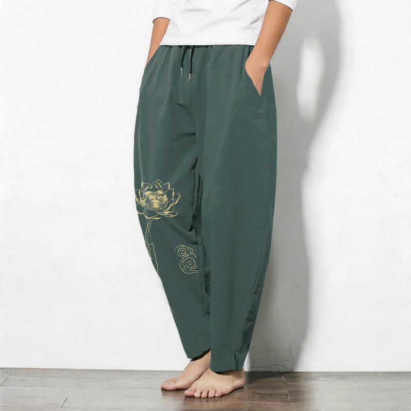 Buddha Stones Pantalon fuselé pour homme en pur coton, motif nuage de lotus doré, cordon de serrage et poches - image 1