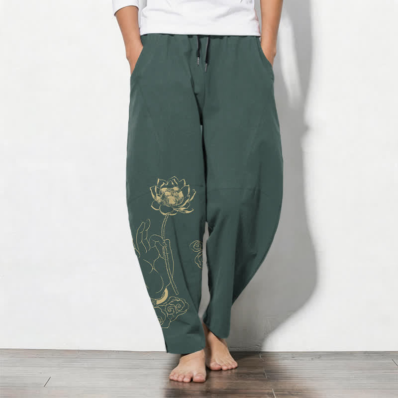 Buddha Stones Pantalon fuselé pour homme en pur coton, motif nuage de lotus doré, cordon de serrage et poches - Sarcelle - US/UK/AU50，EU60 (5XL) - image 0