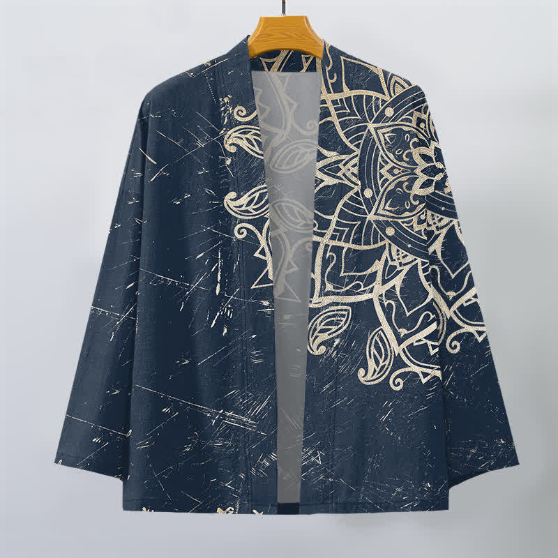 Buddha Stones Kimono pour homme en coton vieilli à motif mandala, ouvert sur le devant - image 1