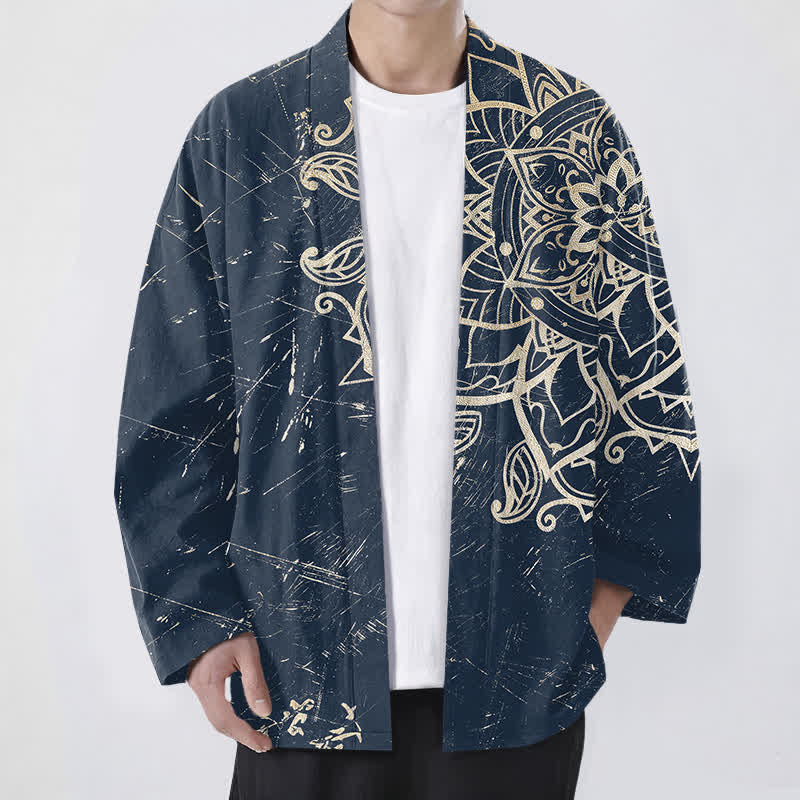 Buddha Stones Kimono pour homme en coton vieilli à motif mandala, ouvert sur le devant - Marine - US/UK/AU48，EU58 (4XL) - image 0