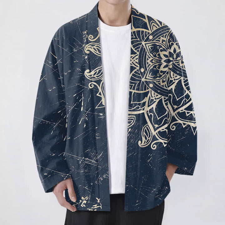 Buddha Stones Kimono pour homme en coton vieilli à motif mandala, ouvert sur le devant - Marine - US/UK/AU48，EU58 (4XL) - image 0