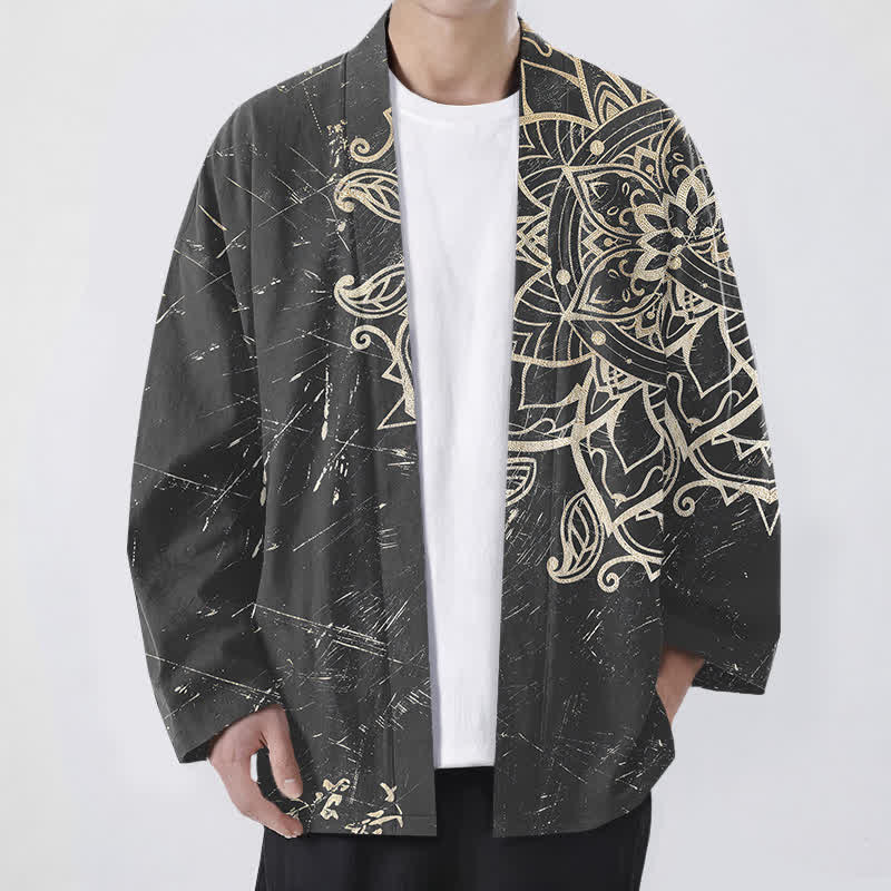 Buddha Stones Kimono pour homme en coton vieilli à motif mandala, ouvert sur le devant - Gris - US/UK/AU48，EU58 (4XL) - image 9