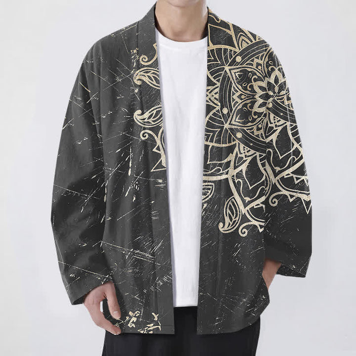 Buddha Stones Kimono pour homme en coton vieilli à motif mandala, ouvert sur le devant - Gris - US/UK/AU48，EU58 (4XL) - image 9