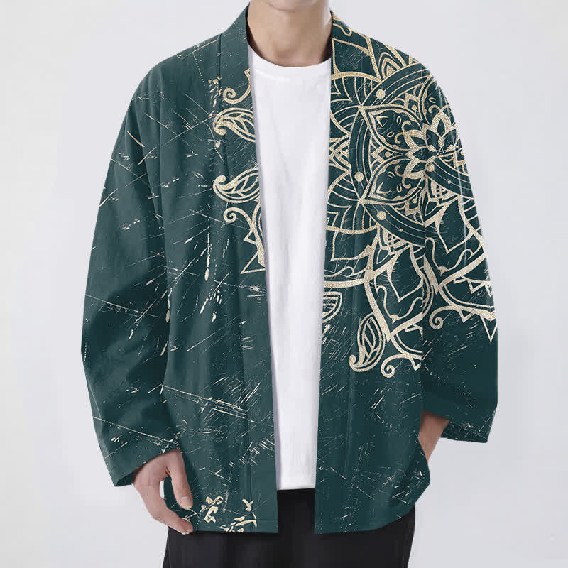 Buddha Stones Kimono pour homme en coton vieilli à motif mandala, ouvert sur le devant - Sarcelle - US/UK/AU48，EU58 (4XL) - image 6