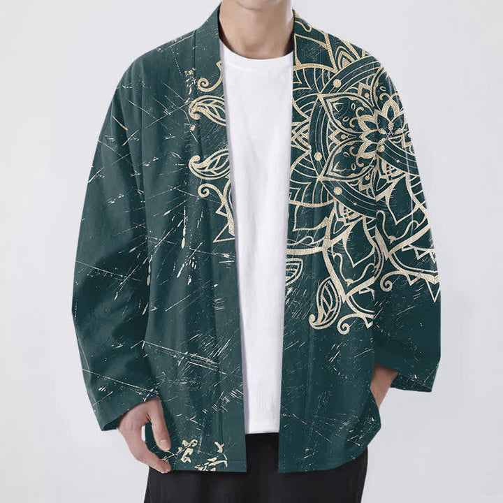 Buddha Stones Kimono pour homme en coton vieilli à motif mandala, ouvert sur le devant - Sarcelle - US/UK/AU48，EU58 (4XL) - image 6
