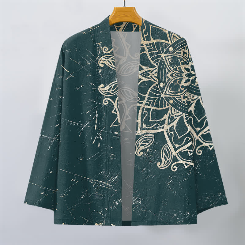 Buddha Stones Kimono pour homme en coton vieilli à motif mandala, ouvert sur le devant - image 7