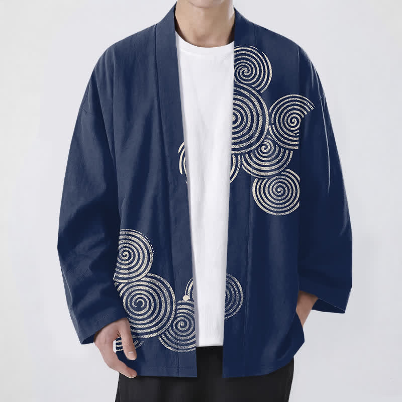 Buddha Stones Kimono pour homme en coton à motif spirale concentrique, ouvert sur le devant - Marine - US/UK/AU48，EU58 (4XL) - image 0