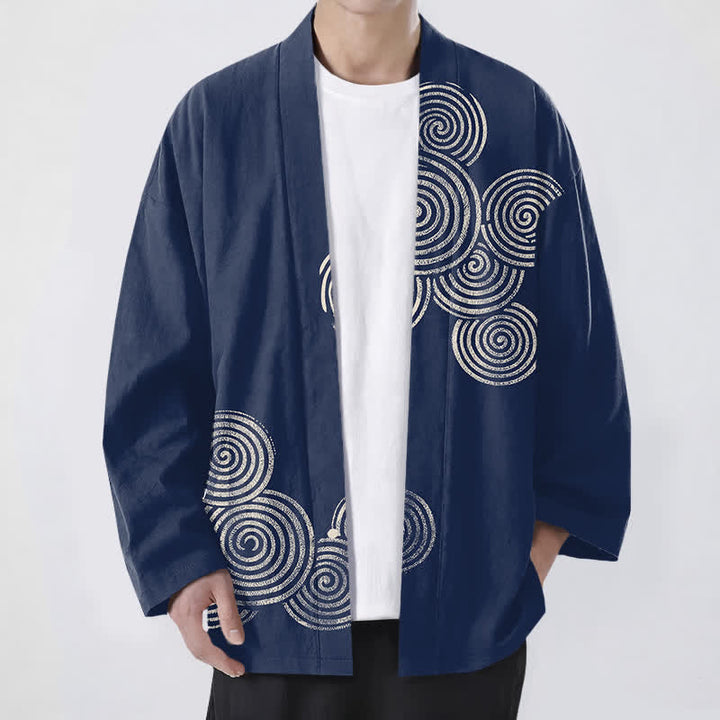 Buddha Stones Kimono pour homme en coton à motif spirale concentrique, ouvert sur le devant - Marine - US/UK/AU48，EU58 (4XL) - image 0