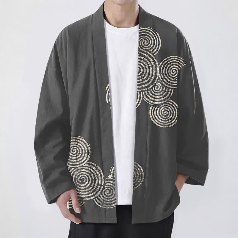 Buddha Stones Kimono pour homme en coton à motif spirale concentrique, ouvert sur le devant - Gris terne - US/UK/AU48，EU58 (4XL) - image 9