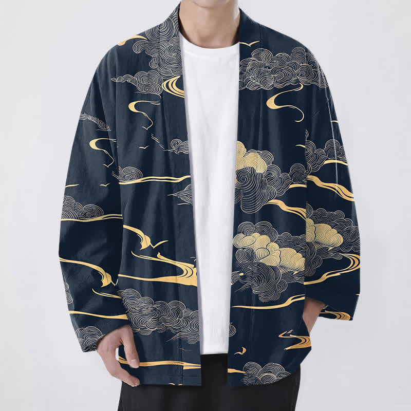 Buddha Stones Kimono pour homme en coton à motif nuage doré, ouvert sur le devant - Marine - US/UK/AU48，EU58 (4XL) - image 0