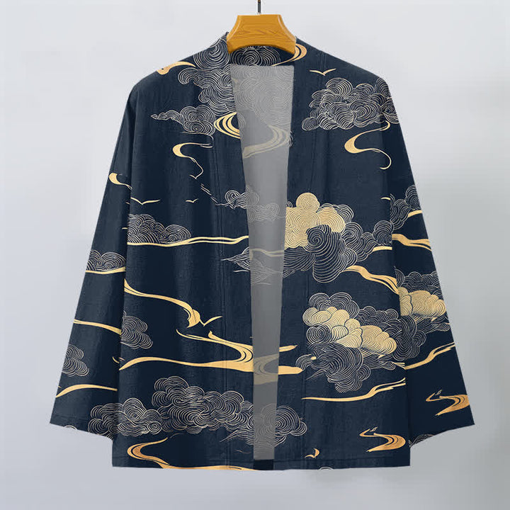 Buddha Stones Kimono pour homme en coton à motif nuage doré, ouvert sur le devant - image 1