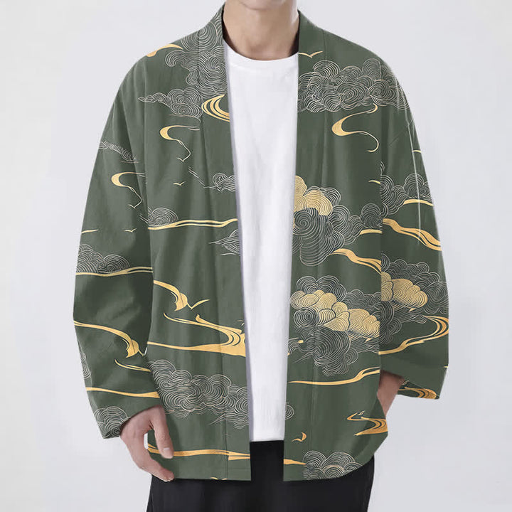 Buddha Stones Kimono pour homme en coton à motif nuage doré, ouvert sur le devant - Vert foncé - US/UK/AU48，EU58 (4XL) - image 6