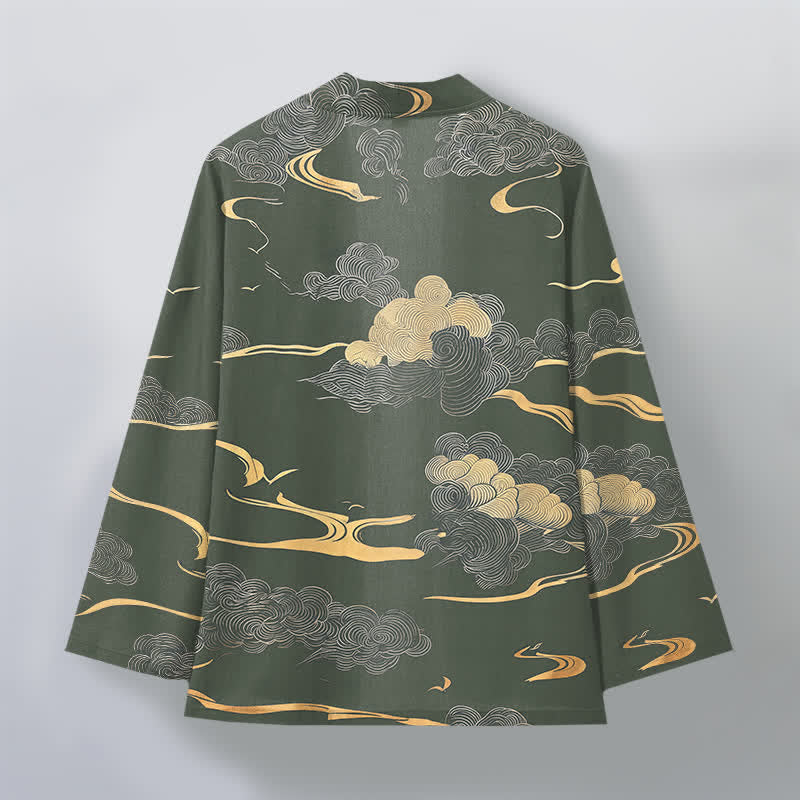 Buddha Stones Kimono pour homme en coton à motif nuage doré, ouvert sur le devant - image 8