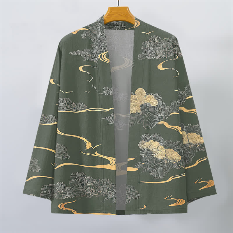 Buddha Stones Kimono pour homme en coton à motif nuage doré, ouvert sur le devant - image 7