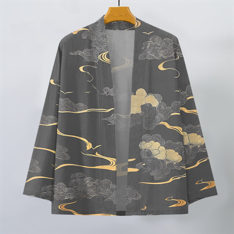 Buddha Stones Kimono pour homme en coton à motif nuage doré, ouvert sur le devant - image 10